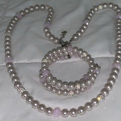 Pink Faux Pearl Jewelry Set Necklace & Bracelet w/ Crystal Rhinestone Spacers