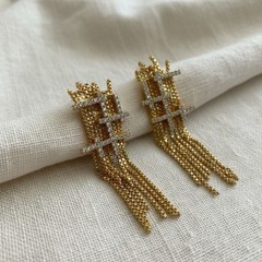 Goddess Gold Earrings Solanales Stud Chain Tassel Fringe Crystal CZ Art Deco VTG