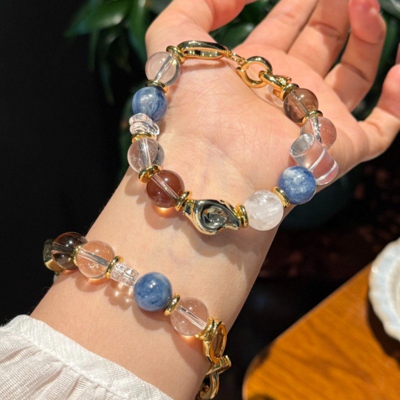 12/13mm Natural White Crystal, Blue Crystal, Smoky Quartz Handmade Bracelet