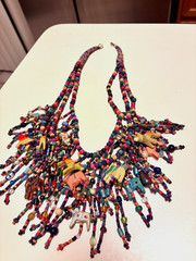 Boho Multi-Strand Beaded Bib Fringe Necklace with Wood African Animal Charms