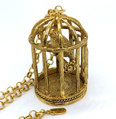 Rara Avis Iris Apfel Birdcage Statement Necklace Gold Tone 36 in Chain Signed