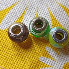 PANDORA Signed Green & Blue Murano Glass Bead Charm Lot, Silver, Round