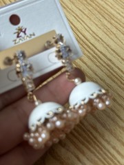 Gold-Tone White Dome Pink Faux Pearl Fringe Dangle Drop Lobe Earrings