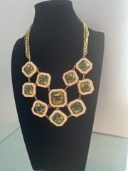 Vintage Style Floral Statement Bib Necklace Gold Tone Geometric Links