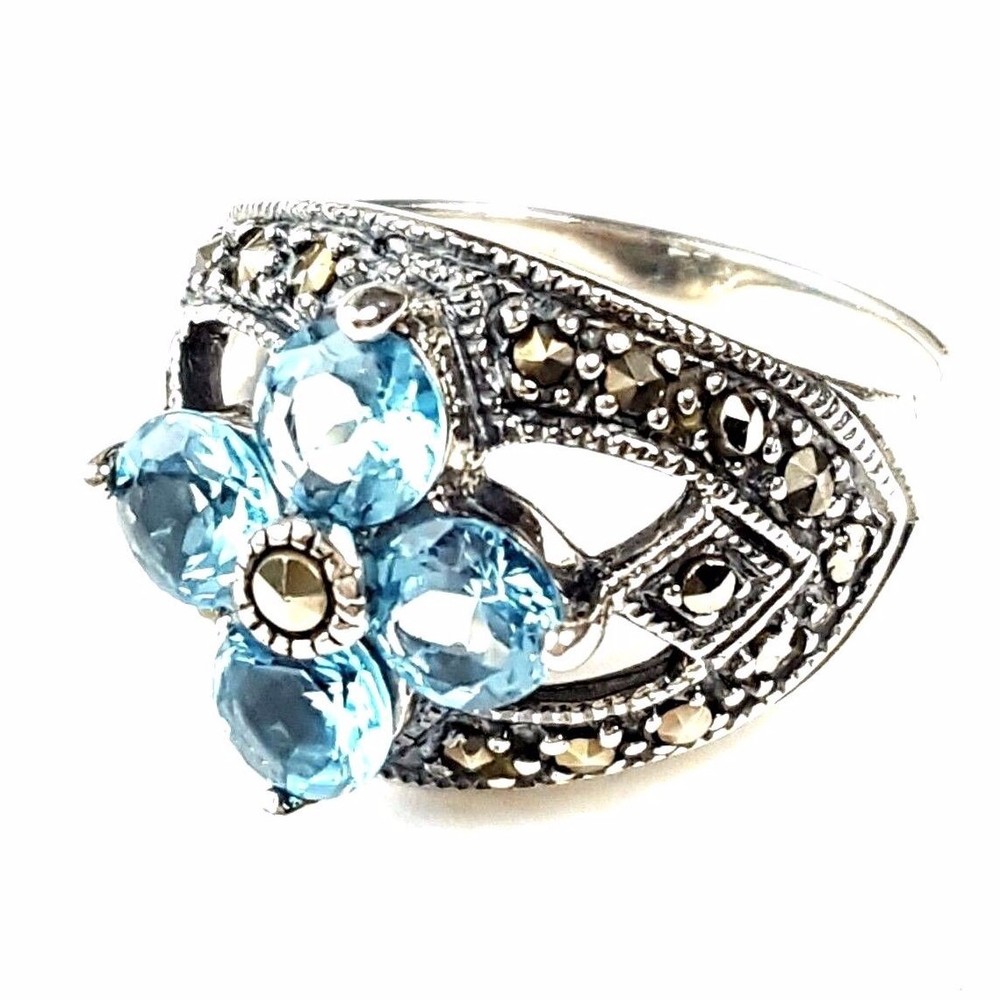 (SIZE 6,7,8,9) BLUE TOPAZ FLOWER RING Marcasite .925 STERLING SILVER