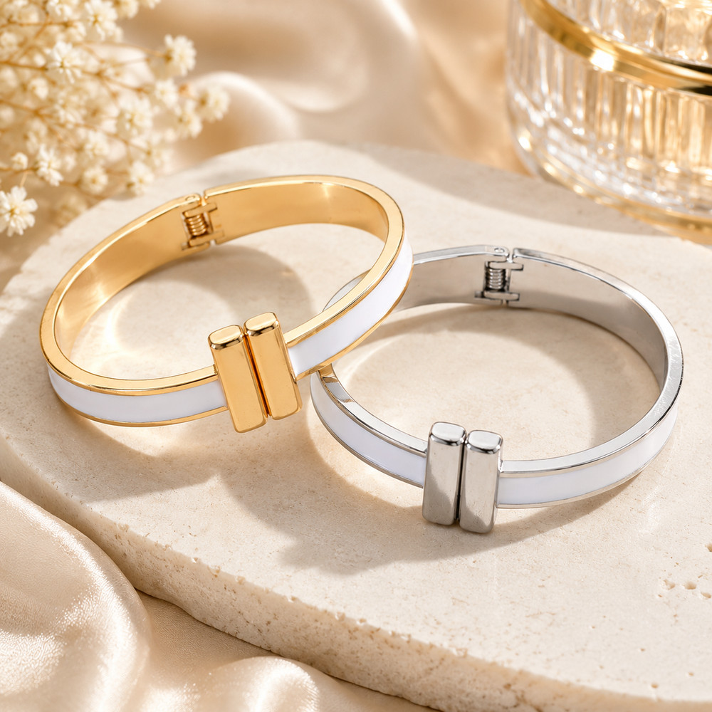 2PCS Gold Silver White Enamel Hinged Bangle Bracelet Cuff Stackable Women
