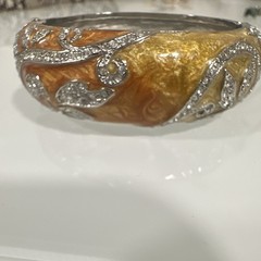 Kirks Folly Signed Hinged Enamel Bangle Bracelet Crystal Gold Orange Silver
