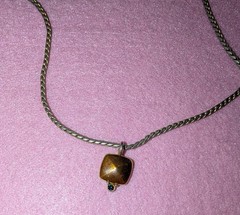 Silver Tone Rope Chain Necklace Square Brown Pendant Blue Bead Dangle Signed
