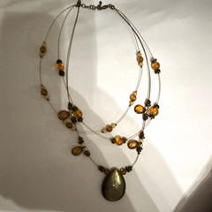 Multi-Strand Wire Beaded Necklace Teardrop Charm Pendant Brown Gray Stone
