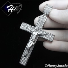 18-40″MEN Stainless Steel 5mm Silver Box Link Chain BIG ICY CZ Cross Pendant*142
