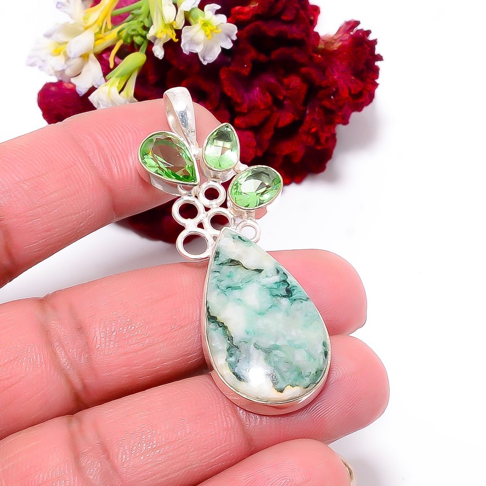 Tree Agate – Australia & Green Amethyst 925 Sterling Silver Pendant 2.15″ P10