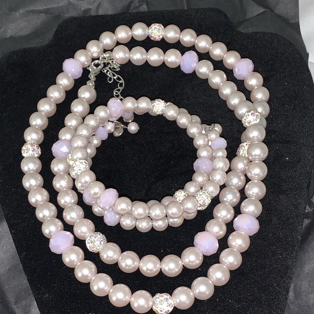 Pink Faux Pearl Jewelry Set Necklace & Bracelet w/ Crystal Rhinestone Spacers