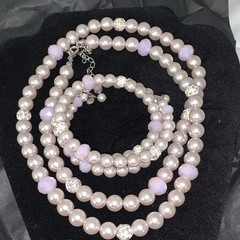 Pink Faux Pearl Jewelry Set Necklace & Bracelet w/ Crystal Rhinestone Spacers
