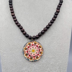 Wood Bead Necklace Mandala Round Pendant 30 in
