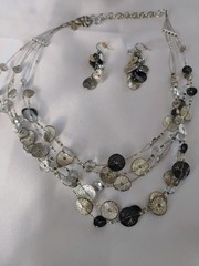 Chico’s Silver Tone Multi-Strand Tiny Disc Necklace & Drop Dangle Earrings Set