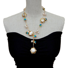 21″Freshwater Cultured White Keshi Pearl Blue Murano Glass Necklace
