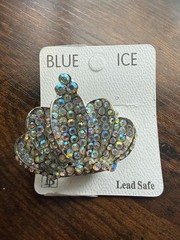 Blue Ice Sparkly AB Crystal Crown Pin Brooch Silver Tone Rhinestone Womens