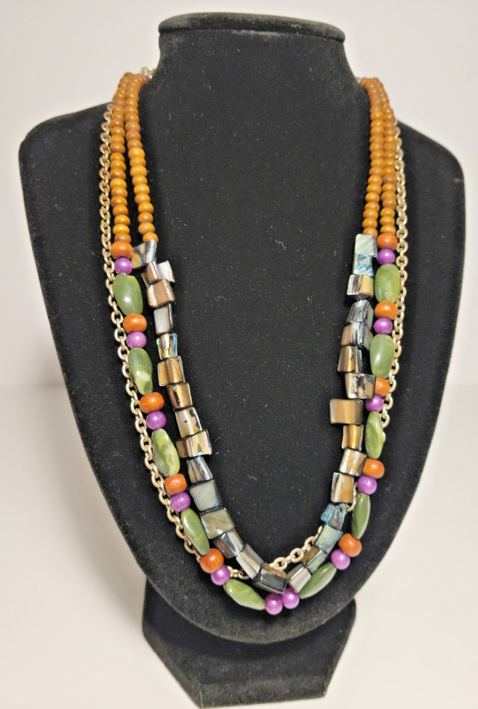 Multi Strand Beaded Boho Necklace Shell Wood Green Purple Iridescent Layered 21″