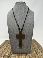 Wooden Cross Necklace 3in Brown Pendant Adjustable 16‑30in Sliding Knots Unisex