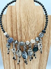 Distressed Black Beaded Coil Necklace w Clear Gems & Silver, Black & Gray Charms