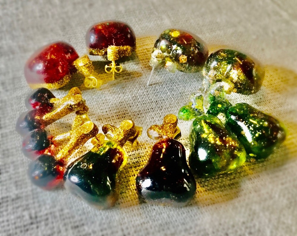 Glitter Fruit Earrings Set, Resin Apple Pear Cherry Studs, Cute Handmade Jewelry