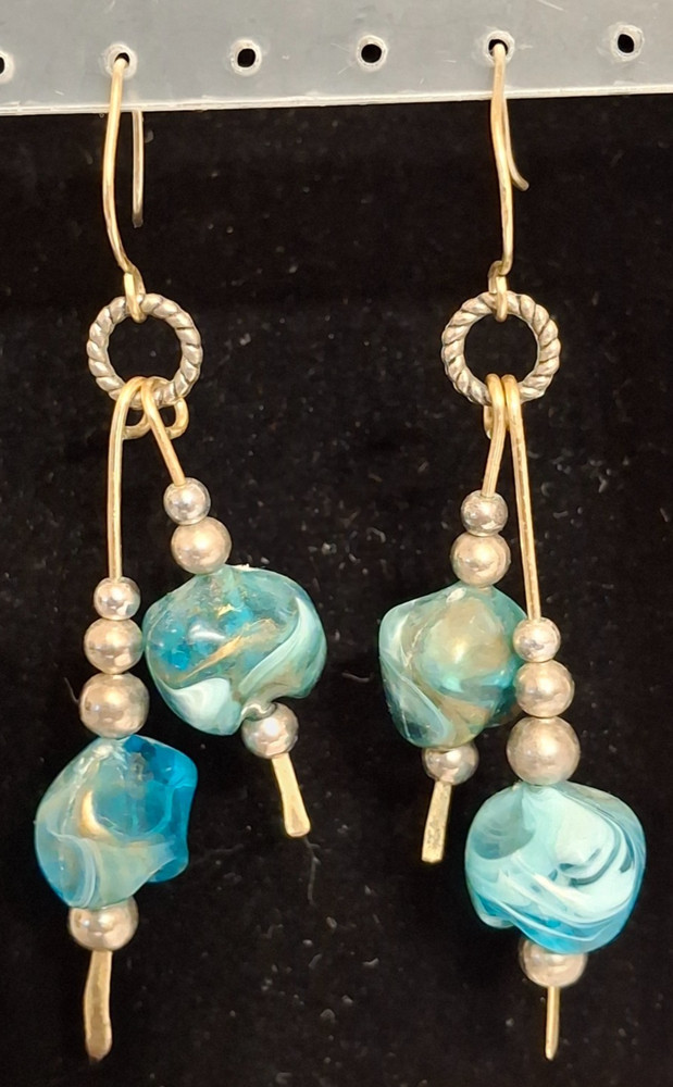 Turquoise Aqua Silver Metal Glass Multi Beaded Hook Dangle Drop Earrings Boho