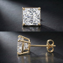 14K Solid Gold Square Princess Cut Cubic Zirconia Basket Push Back Stud Earrings