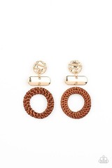 Gold Tone Brown Wicker Round Hoop Dangle Drop Post Earrings No Stone