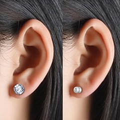 2PCS Silver Stainless Steel Round CZ Earrings Screw Back Ear Stud for Men Women