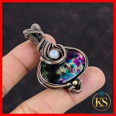 Copper Multi Fire Labradorite Gemstone Rainbow Moonstone Wire Wrapped Pendant