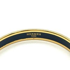 HERMES Emaillé Enamel Cuff Bangle Navy Blue Gold 19.5cm Round Metal Auth