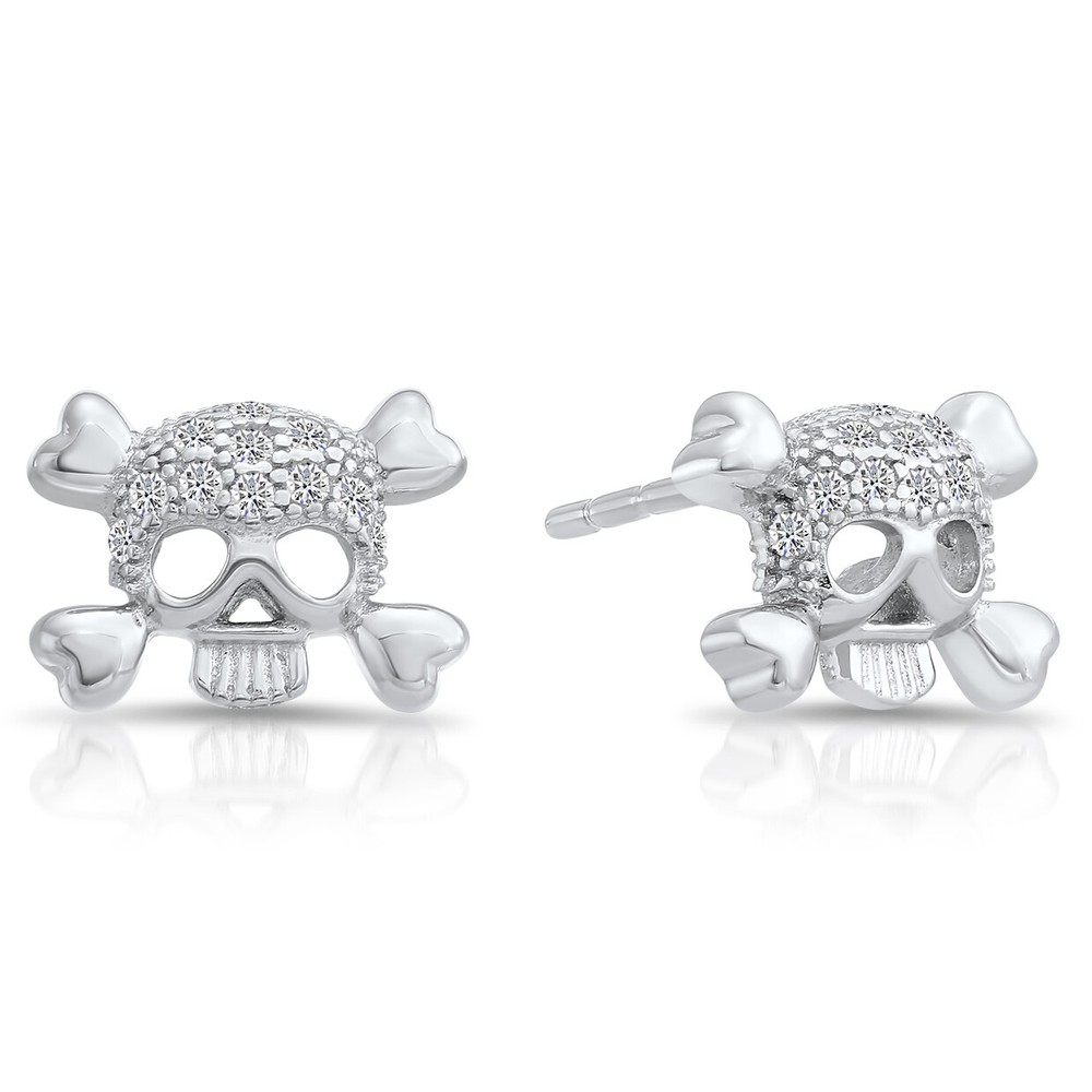 925 Sterling Silver Pave CZ Petite Skull Stud Earrings Butterfly Push-back Studs