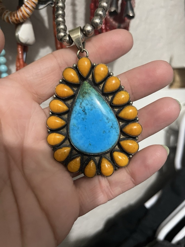 German silver Pendant Charm Turquoise Blue Stone Yellow Accents Bezel