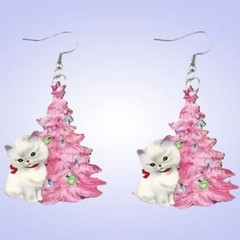 Beautiful Tree w/ Cute Kitten, Lightweight Dangle Earrings Acrylic w/ zinc alloy