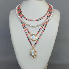 Multi Color Enamel Chain White Baroque Pearl Necklace Keshi Pearl Charm Pendant
