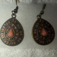 Multicolor Enamel Teardrop Dangle/Drop Hook Earrings Bezel Set No Stone