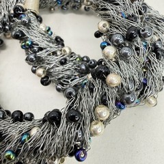 Wire Wrapped Pearl Beaded Statement Necklace Black Silver Toned Artsy Bold