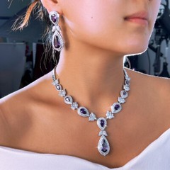 Silver Plated CZ Purple Dangling Drop Leaf Necklace Earrings Pageant Jewelry Set