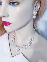 Clear Crystal Choker Rhinestone Created Pearls Necklace Bridal Prom Pageant