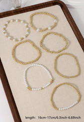 Gold & White Stackable Beaded Stretch Bracelets Round Imitation Pearl 16-17cm