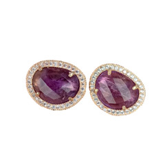 Natural Bezel Set Faceted Purple Amethyst Cubic Zirconia Pave Stud Earrings