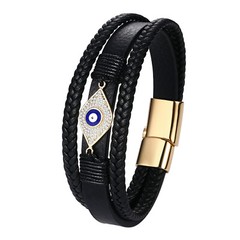 Punk Mens Evil Eye Layered Braided Leather Bracelet Stainless Steel Lucky Bangle