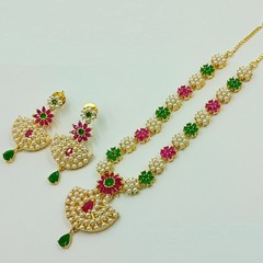 Ethnic 22K Gold Plated Kemp Ruby Emerald & Pearl Necklace Jewelry For Women
