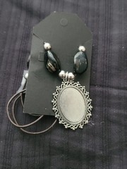 Silver Tone Blank Oval Pendant On A Cord Necklace, Black And Silver Beads