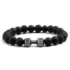 Volcanic Stone Bracelet Dumbbell Charm Matte Black White Beads Men Women 1 Pc