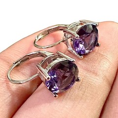 Amethyst CZ Leverback Earrings 6mm Silver Plated Purple Drop Earrings