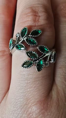Green Crystal Leaf Ring 925 Sterling Silver Adjustable Elegant Fashion Jewelry