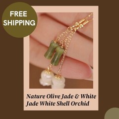 Nature Olive Jade & White Jade White Shell Orchid Hook Earrings Unique Vintage