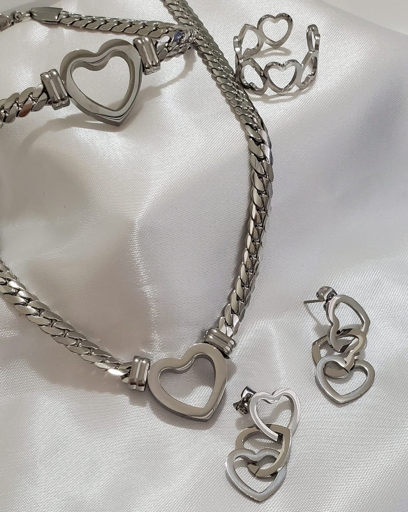 Stainless Steel Cuban Chain Necklace Bracelet Earrings Ring Jewelry Set