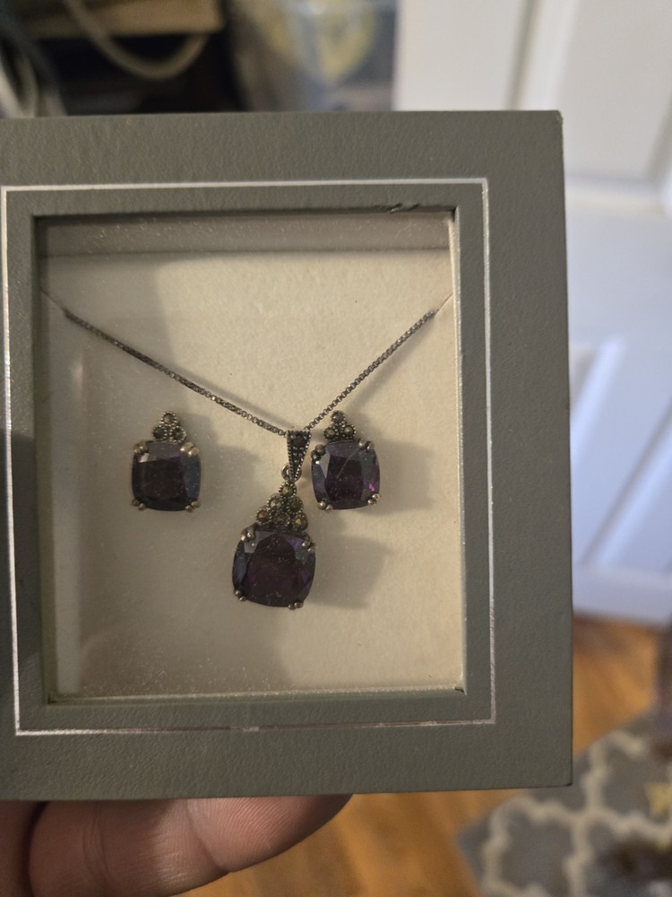 925 Silver Cushion Purple CZ & Marcasite Jewelry Set Necklace Earrings CPY070